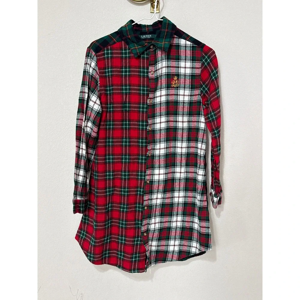 Lauren Ralph Lauren Sleep Shirt Women's S Mixed Plaid Flannel Colorblock Pajama